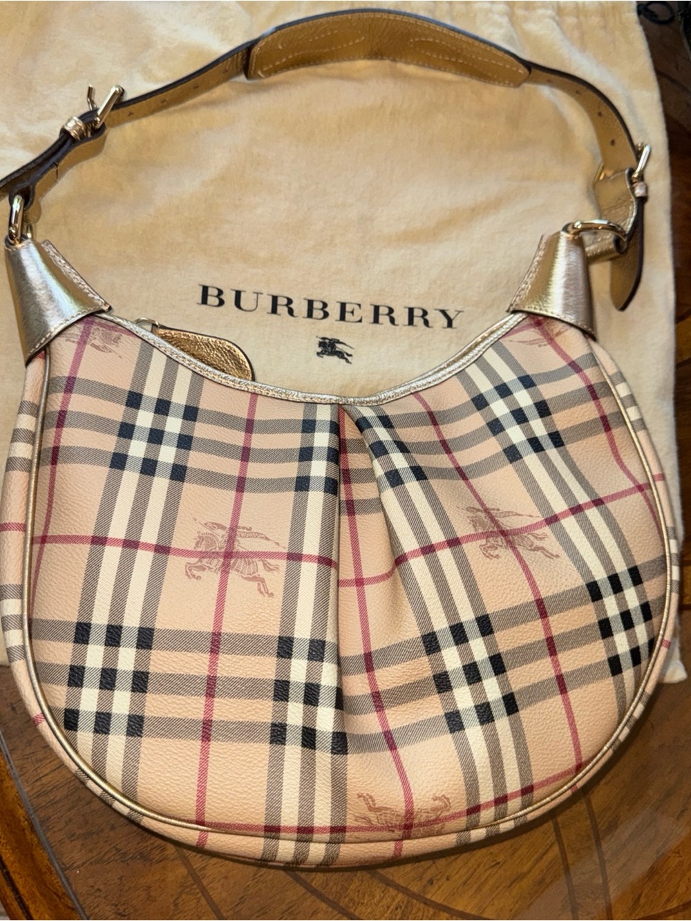 Vintage Burberry Haymarket Ryder Hobo Bag Beige Check with Gold Leather Trim
